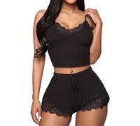 KOEMCY Pijama para Mujer Conjuntos de Pijamas Corta de Encaje Satén Camisola Superior de Pantalones Cortos V Cuello Ropa de Dormir Erotica Lencería (Negro,S)