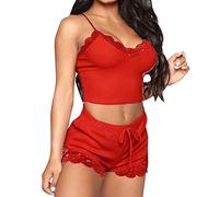 KOEMCY Pijama para Mujer Conjuntos de Pijamas Corta de Encaje Satén Camisola Superior de Pantalones Cortos V Cuello Ropa de Dormir Erotica Lencería (Rojo,L)