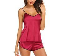KOEMCY Pijama para Mujer Raso Pijamas Sin Mangas y Shorts Conjuntos de Pijamas Sexy V Cuello Ropa de Dormir Camisola y Cortos Set (Rojo,XL)