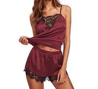 KOEMCY Pijama para Mujer Satén V Cuello Ropa de Dormir Conjuntos Sexy Encaje Camisola Superior de Pantalones Cortos Erotica Lencería Set (Rojo,L)