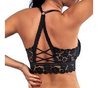 KOEMCY Sujetador Sexy Encaje Profundo Push Up sin Aros sin Costuras Bralette Cruzado Espalda Top Tubo con Relleno Almohadilla (Negro,S)