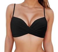 KOEMCY Tops de Bikini para Mujer Negro con Tirantes Ajustables Diseño en V Crossover Top Bralette con Soporte Push-Up para Playa y Vacaciones Traje de Baño Bikini Mujer (S)