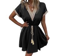 KOEMCY Vestido Corto Verano para Mujer Manga Corta Vestidos de Playa Cuello V Suelto Mini Vestido Colores Sólidos Casual Vestir Vacaciones (Negro, L)
