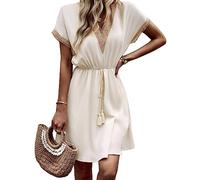 KOEMCY Vestido Corto Verano para Mujer Manga Corta Vestidos de Playa Cuello V Suelto Mini Vestido Colores Sólidos Casual Vestir Vacaciones (Albaricoque, L)