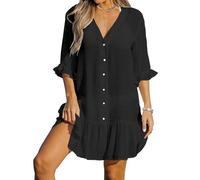 KOEMCY Vestido de Playa Mujer con Cuello en V Ropa de Playa Largos Informal de Verano Traje de Playa Bikini Cover Up Camisa Suelto de Bikini Casual Beach Wear (Negro M)