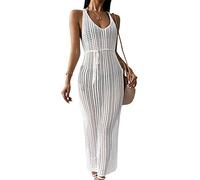 KOEMCY Vestido de Playa Mujer Crochet Hollow out Cover Ups sin Mangas Side Split Long Playa Vestidos Ropa de Baño Cover Up (Blanco)