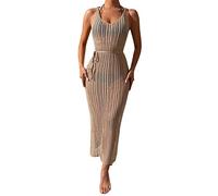 KOEMCY Vestido de Playa Mujer Crochet Hollow out Cover Ups sin Mangas Side Split Long Playa Vestidos Ropa de Baño Cover Up (Caqui)
