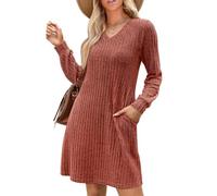 KOEMCY Vestido Invierno Mujer Suéter de Punto de Manga Larga Cuello en V Bodycon Elegante Casual Sexy Minivestido de Otoño Invierno (Chocolate/M)