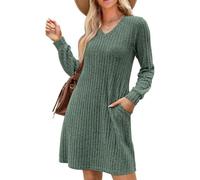KOEMCY Vestido Invierno Mujer Suéter de Punto de Manga Larga Cuello en V Bodycon Elegante Casual Sexy Minivestido de Otoño Invierno (Verde/XL)