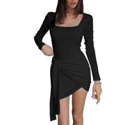 KOEMCY Vestido Manga Larga para Mujer Cuello Cuadrado Bodycon Midi Mini Wrap Slim Fit Casuales Vestido (Negro, S)