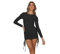 KOEMCY Vestido Manga Larga para Mujer Lado Cordón Mini Vestido Cuello Redondo Bodycon Corto Vestidos Casuales de Otoño (Negro, S)