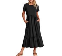 KOEMCY Vestido Mujer Manga Corta Falda Larga T-Shirt Cuello Redondo Blusa Verano para Mujer Vestidos con Bolsillos Vestido de Playa (Negro,M)