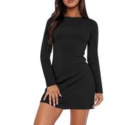 KOEMCY Vestido Mujer Manga Larga Cuello en Redondo Sexy Ajustado Minivestido Elegante Bodycon Lápiz Vintage Vestidos para Invitada Coctel (Negro/XL)