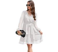 KOEMCY Vestido Mujeres Cuello en V Lunares Volantes Manga Larga Vestido con Cinturón Playa Vacaciones Oscilación Sundress Otoño (Blanco, L)