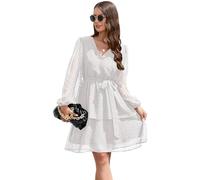 KOEMCY Vestido Mujeres Cuello en V Lunares Volantes Manga Larga Vestido con Cinturón Playa Vacaciones Oscilación Sundress Otoño (Blanco, M)