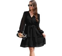 KOEMCY Vestido Mujeres Cuello en V Lunares Volantes Manga Larga Vestido con Cinturón Playa Vacaciones Oscilación Sundress Otoño (Negro, M)