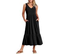 KOEMCY Vestido sin Mangas Mujer Verano Cuello V Maxi Vestido Largos de Playa A-línea Casual Vestido con Bolsillos (Negro, M)