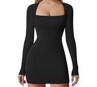 KOEMCY Vestidos de Mujer Elegante Boho Corto Casual Vestido con Cuello Cuadrado Mangas Largo Sexy de Color sólido para Invitados Boda Coctel (Negro/S)