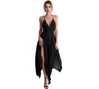 KOEMCY Vestidos Largo Escote en V Profundo sin Respaldo A-línea Vestido Elegantes Abertura Vestido de Cóctel Noche Color Sólido Vestido (Negro,S)