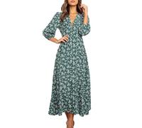 KOEMCY Vestidos Mujer Floral Maxi Vestido Manga Larga Botón Cuello V Casual Vestidos Blusa Playa Vacaciones Sundress Otoño (Verde,S)