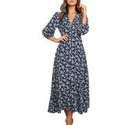 KOEMCY Vestidos Mujer Floral Maxi Vestido Manga Larga Botón Cuello V Casual Vestidos Blusa Playa Vacaciones Sundress Otoño (Azul,S)