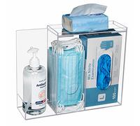 KOEMEHR Dispensador de guantera con 3 compartimentos de acrílico dispensador de máscara facial caja de almacenamiento para jabón de manos, redes de pelo, cubierta de zapatos, transparente
