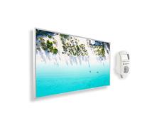 Könighaus Calefactor por Infrarrojos con Cuadro, 1000 Vatios + Termostato Inteligente y Aplicación Könighaus - Estufa de Pared de Bajo Consumo - TÜV SÜD - Marco Blanco (14. Playa paradisíaca 1)