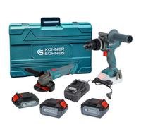 Könner&Söhnen Set KS IDAGB 20V SET 1 Taladro + amoladora + batería | Set profesional inalámbrico, 2 baterías (4,0Ah + 2,0Ah), cargador en maletín, batería KS 20V4-1 de regalo