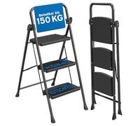 kör4u Escalera de 3 peldaños, soporta 150 kg, Altura Aprox. 75 cm, Plegable, peldaños Antideslizantes, Marco de Acero, Escalera doméstica, Color Negro