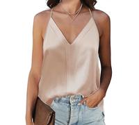 Koerye Camiseta Sin Mangas Mujer Cuello en V Camiseta Básica de Verano Elegante Top de satén Finos Ajustables con Camisola Sólida Blusas(Champán,M)