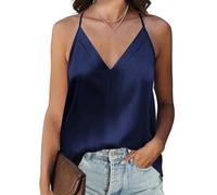 Koerye Camiseta Sin Mangas Mujer Cuello en V Camiseta Básica de Verano Elegante Top de satén Finos Ajustables con Camisola Sólida Blusas(Azul Marino,M)