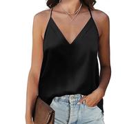Koerye Mujer Camisetas Sin Mangas de Verano Camiseta de Tirantes Top Satén Chalecos Interiores con Cuello en V Blusa Camisola Básica Casuales Shirt(Negro,M)