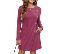 Koerye Vestido para Mujer Invierno Casual Manga Larga Vestidos Suéter Elegante Midi con Cuello Redondo Vestido Túnica con Botones Laterales y Bolsillos Burdeos,M