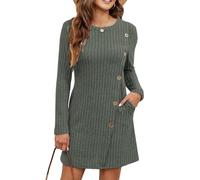 Koerye Vestido para Mujer Invierno Casual Manga Larga Vestidos Suéter Elegante Midi con Cuello Redondo Vestido Túnica con Botones Laterales y Bolsillos Verde,M