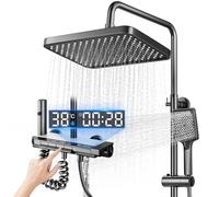 Koeutoze Juego de Cabezal de Ducha y Manguera, Sistema de Ducha con LED, Cabezal de Ducha de Lluvia 27X17.5cm, Boquilla Adicional y Grifo, Columna de Ducha Ajustable con Luz de Ambiente, Altura