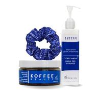 Koffee Beauty Citrus Magic - Juego de regalo de 3 piezas, exfoliante corporal de café con coletero para el cabello, loción corporal no grasosa, exfoliante corporal rico en nutrientes, juego de regalo