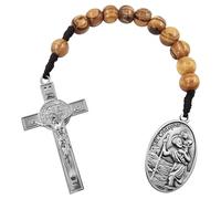 KOGMMYSEVP Medalla de San Cristóbal de 10 mm, rosario de bolsillo para oración de una década, medalla de San Benito, crucifijo, cuentas de madera de olivo, estilo abierto, rosarios de madera hechos a