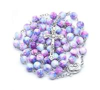 KOGMMYSEVP Rosario con cuentas de cristal de 8 mm hecho a mano con patrón de cruz curvada para oración de las Sagradas Escrituras, joyería religiosa, 24inches