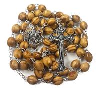 KOGMMYSEVP Rosario de oración católica, collar de cuentas de madera de olivo, medalla de tierra y bolsa de terciopelo de metal