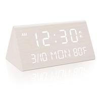 Kogonee Reloj despertador digital de madera, 0100% de brillo y volumen, detección de temperatura, fecha, modo de día de semanafin de semana, doble alarma, 9 minutos de repetición, 1224H, reloj LED