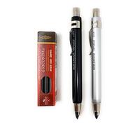 KOH-I-NOOR 5359 - Lápiz metálico mecánico con sacapuntas y clip - juego de 3, mina 5,6 mm - PLATA y NEGRO y MINAS DE GRAFITO 2B