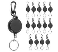 KOHAND Paquete de 15 llaveros retráctiles resistentes, carrete de identificación extensible, para hasta 200 g con cuerda de alambre de acero retráctil de 60 cm, color negro