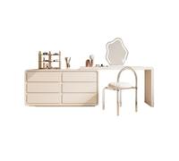 KOHUS Espejo De Tocador con Luces Y Juego De Mesa Tocador de Madera Maciza Estilo Crema, tocador de Dormitorio, gabinete de Almacenamiento Individual Tocador Adolescente con Espejo Y Taburete