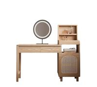 KOHUS Espejo De Tocador con Luces Y Juego De Mesa Tocador nórdico de Madera Maciza, Mesa de Dormitorio de Fresno, tocador de Madera Maciza con Espejo Tocador Adolescente con Espejo Y Taburete(L)