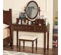 KOHUS Espejo De Tocador con Luces Y Juego De Mesa Tocador Retro de Madera, Mesa de Maquillaje Sencilla for Dormitorio en casa, Escritorio Tocador Adolescente con Espejo Y Taburete