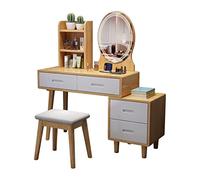 KOHUS Espejo de tocador con luces y mesa, juego de tocador de maquillaje con pantalla táctil iluminada, armario, 3 estantes con 4 cajones y silla, tocador para adolescentes con espejo y taburete