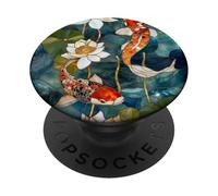 Koi Carp Fish Lotus Flowers Floral Stained Art Deco Azul PopSockets PopGrip Adhesivo