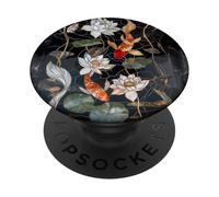 Koi Carp Fish Lotus Flowers Floral Stained Art Deco Negro PopSockets PopGrip Adhesivo