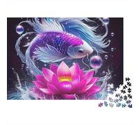 Koi Fish 1000pc Rompecabezas para Adultos Pez Betta Púrpura sobre Loto Rosa Premium Grueso Resistente Vibrante Desafiante Alivio de Estrés Juego Familiar 38x26cm/1000pcs