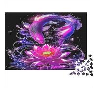 Koi Fish Adult Jigsaw Games Purple Fish with Lotus Challenging & Brainteasing for Decompression 38x26cm/1000pcs